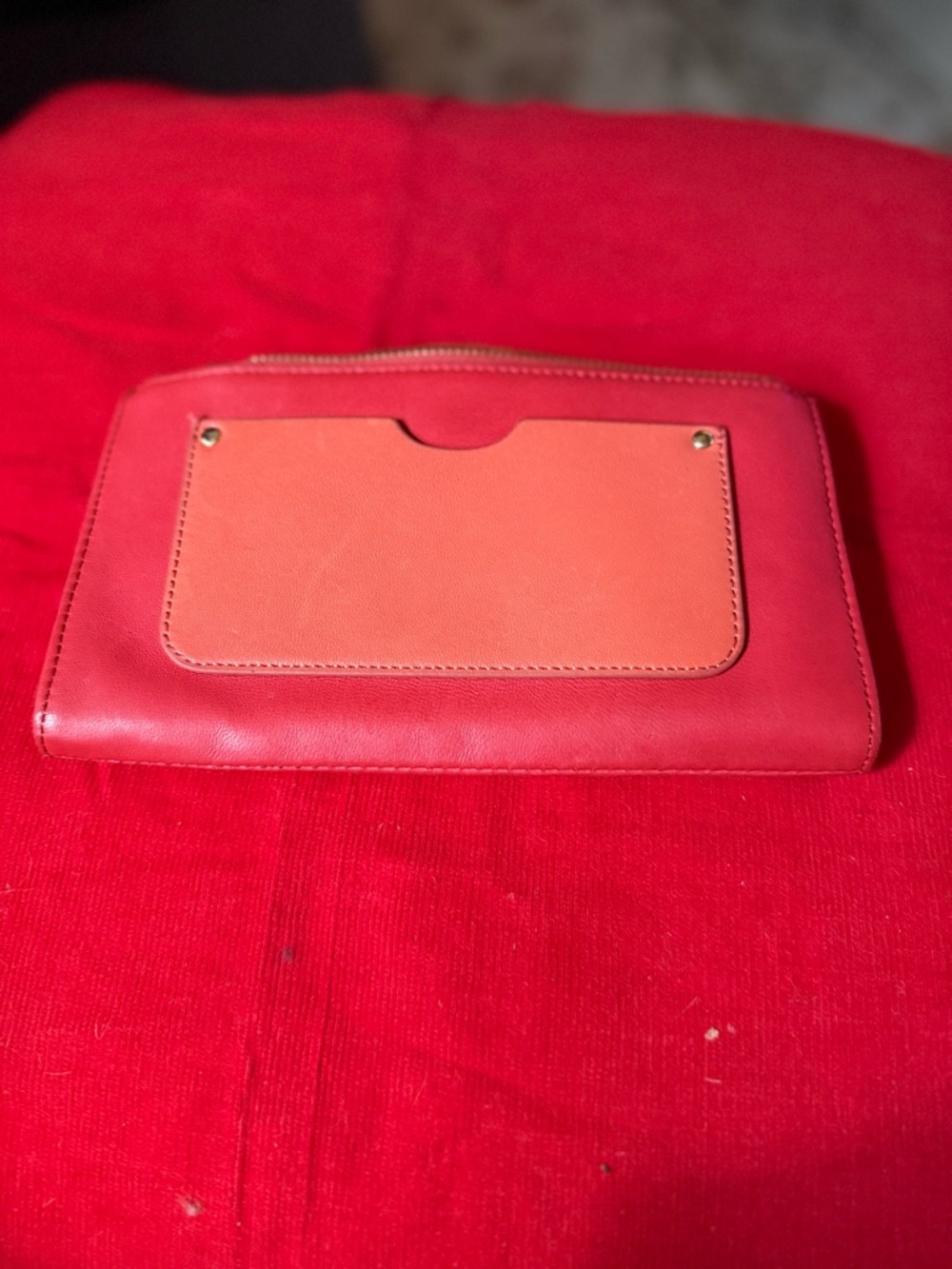 Red Leather Zip Wristlet with Coral Pocket. Margot.  New
